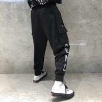 En7潮牌休闲裤秋季夜光字母印花宽松卫裤男束脚纯棉口袋工装裤男