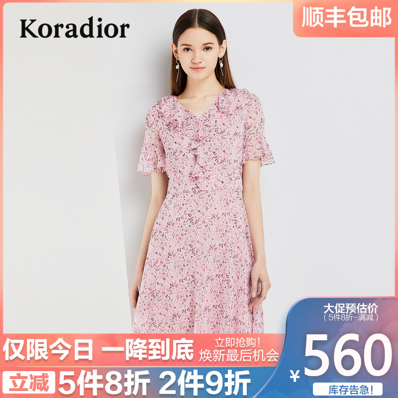 koradior/珂莱蒂尔品牌女装2019春装新款碎花高腰雪纺v领连衣裙女