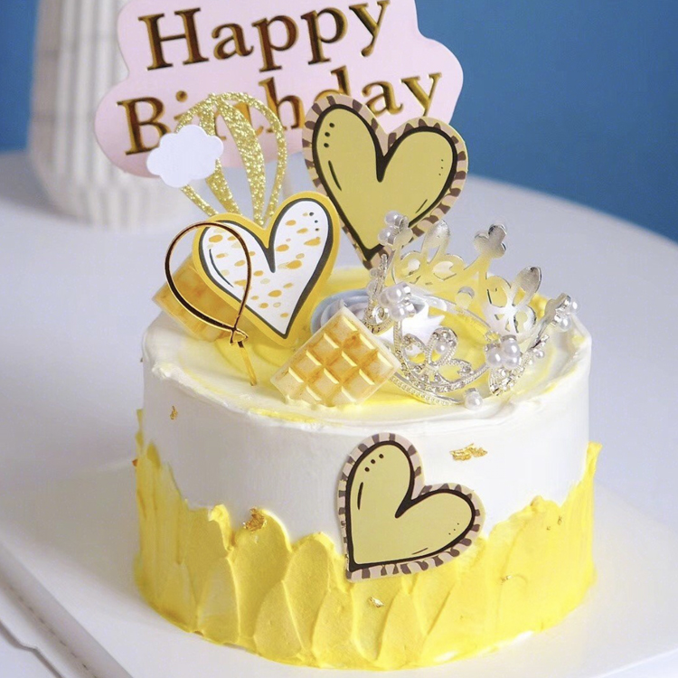 烘焙蛋糕装饰 ins风韩式手绘爱心生日蛋糕插旗迷你珍珠小皇冠摆件