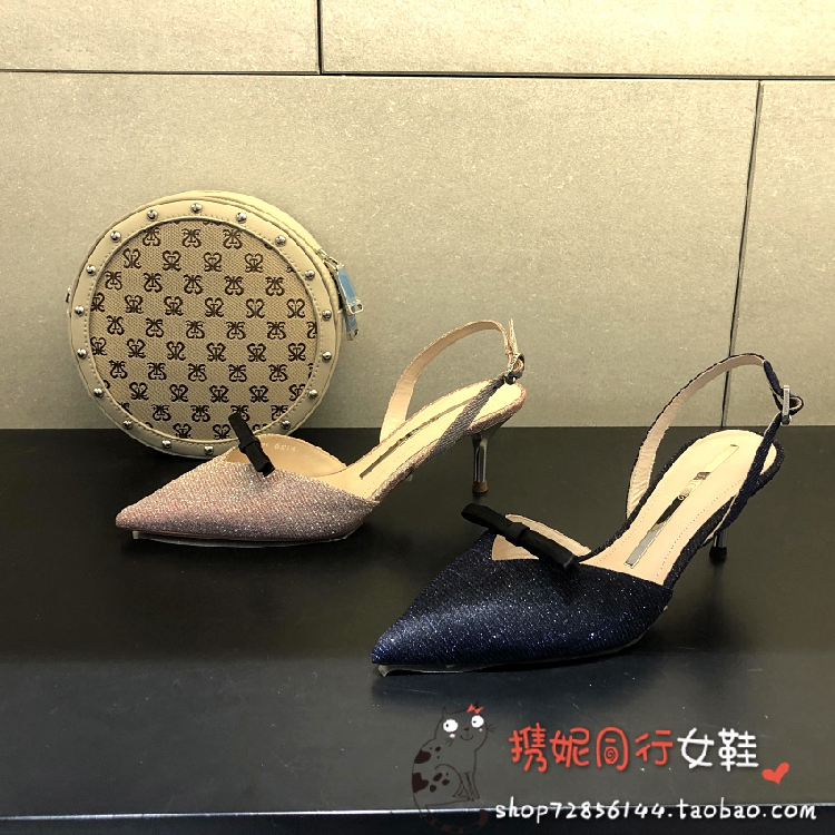 2020春新款 丽思加图女鞋 蝴蝶结亮片布后空细高跟女凉鞋子 9nw04