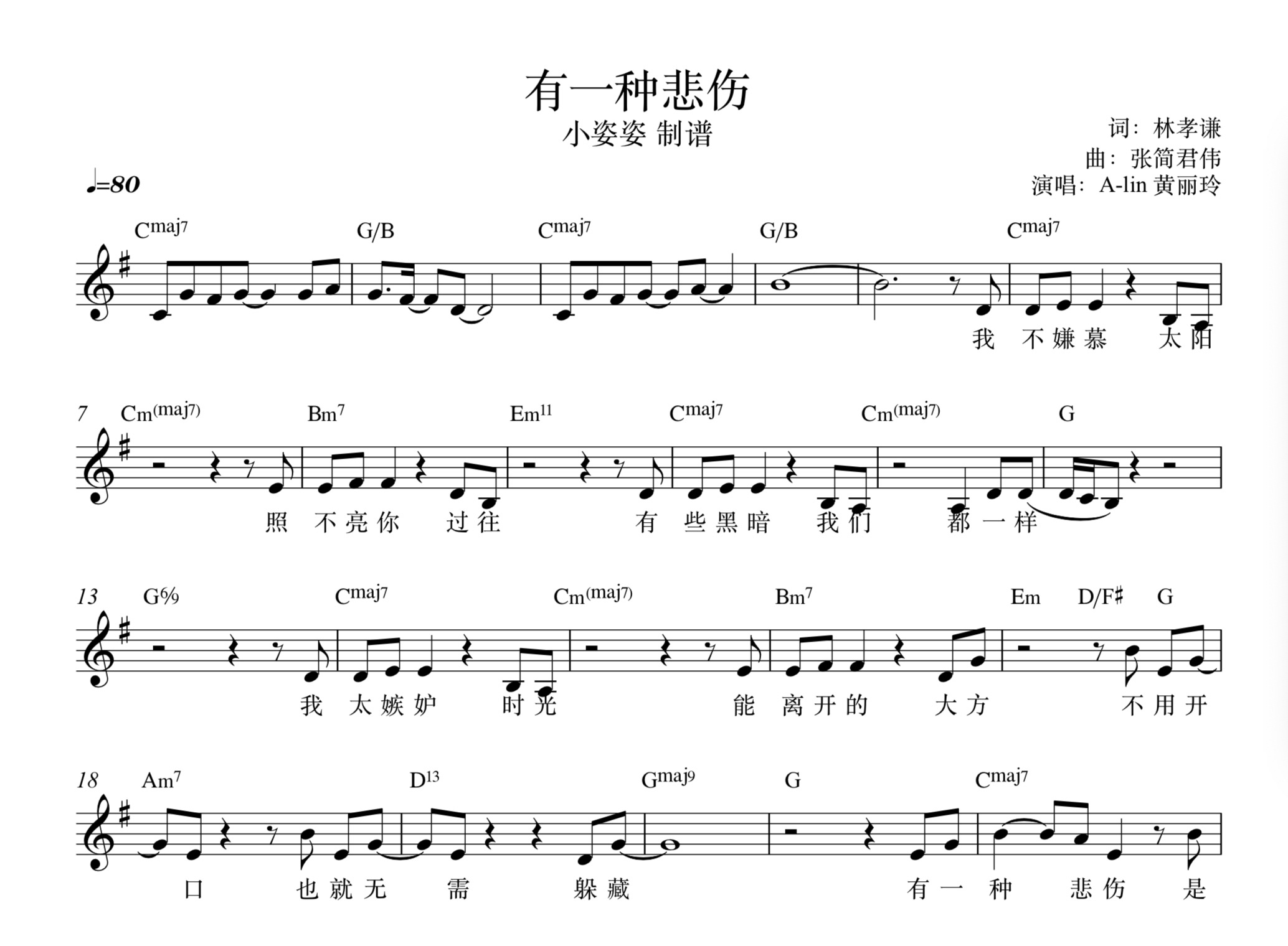 《有一种悲伤》alin 黄丽玲 钢琴谱 功能谱 流行歌曲定制订制