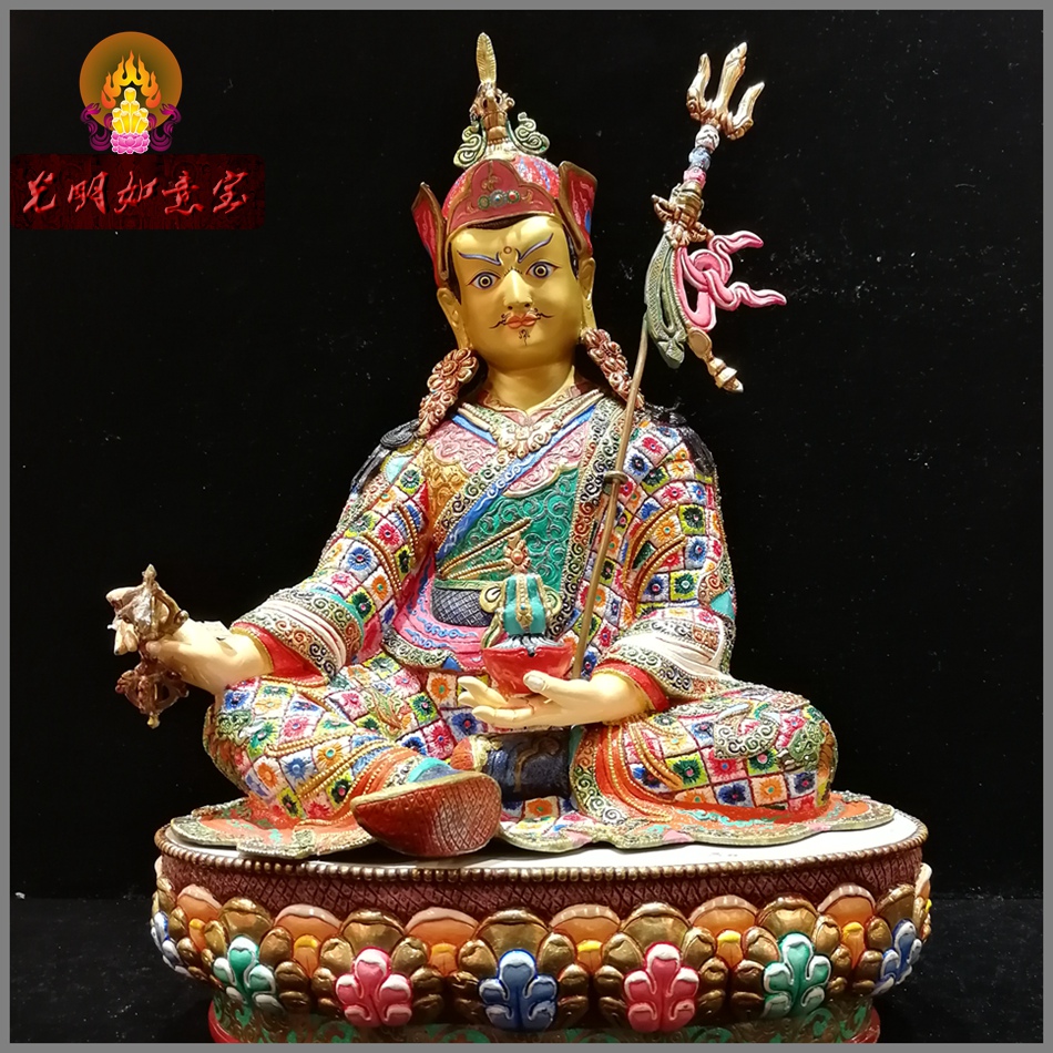 藏传佛教佛像 莲花生大师 尼泊尔纯手工 彩绘纯铜雕刻镀金50厘米