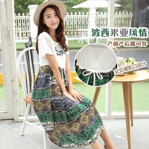孕妇装夏装大码中长款连衣裙夏季宽松哺乳裙潮妈短袖纯棉孕妇长裙哺乳连衣裙