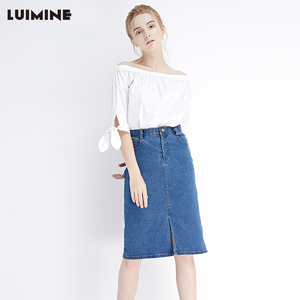 LUIMINE2018春夏新款高腰牛仔裙女半身裙中长款开叉包臀裙一步裙一步裙