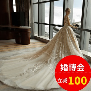 一字肩婚纱礼服2017新款夏季韩式大码显瘦花朵新娘结婚奢华长拖尾婚纱
