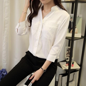 棉麻衬衫女韩范七分袖v领亚麻白衬衫宽松中长款立领长袖衬衣女夏长袖衬衫