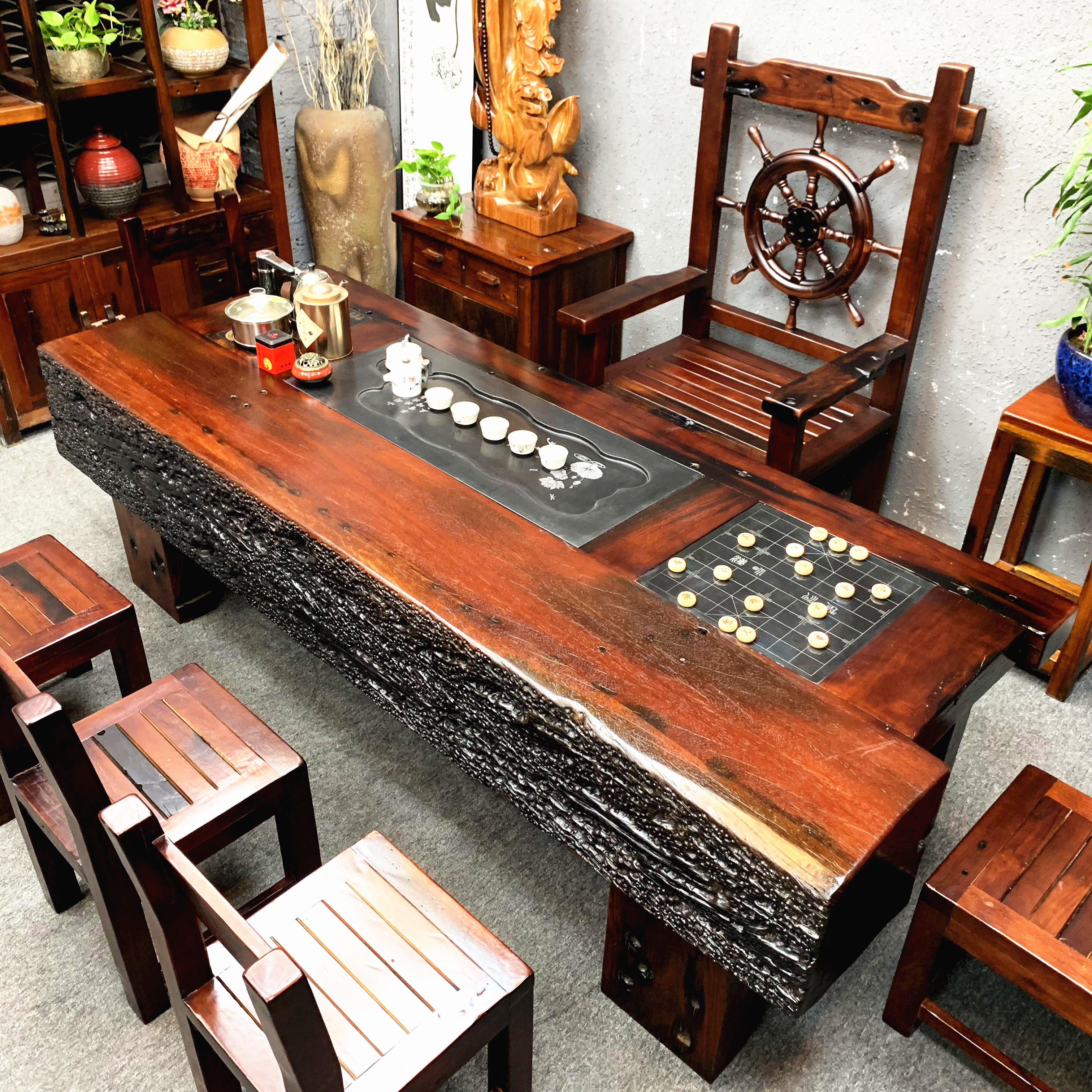 老船木茶桌椅组合实木功夫泡茶台新中式家用茶几1米8茶具套装一体