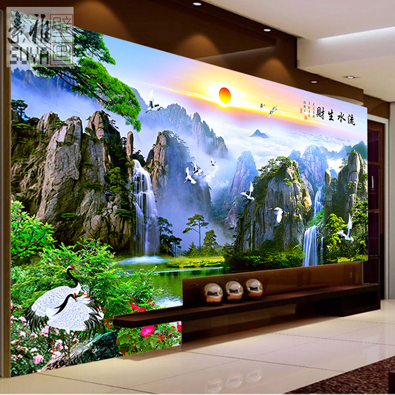 8d中式电视背景墙纸客厅风景画无缝墙布山水风水画流水生财壁纸