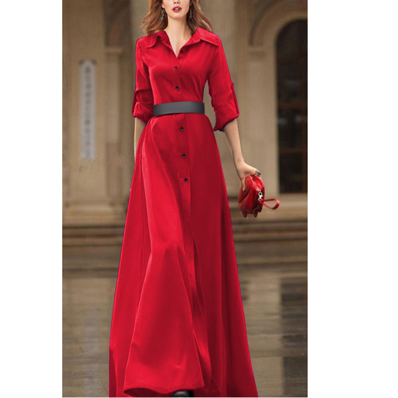春秋新款欧洲站时尚系带束腰长款连衣裙女士洋气高腰显瘦红色长裙