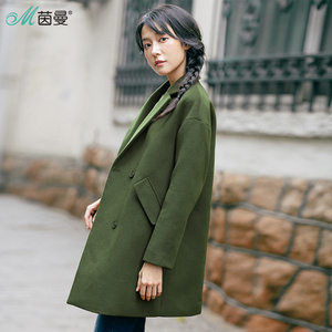 茵曼2017秋装新款西装领时尚双排扣茧型毛呢外套女中长款呢子大衣毛呢大衣