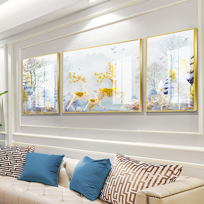 客厅装饰画三联画现代简约沙发后面的挂画大气高档轻奢家庭晶瓷画