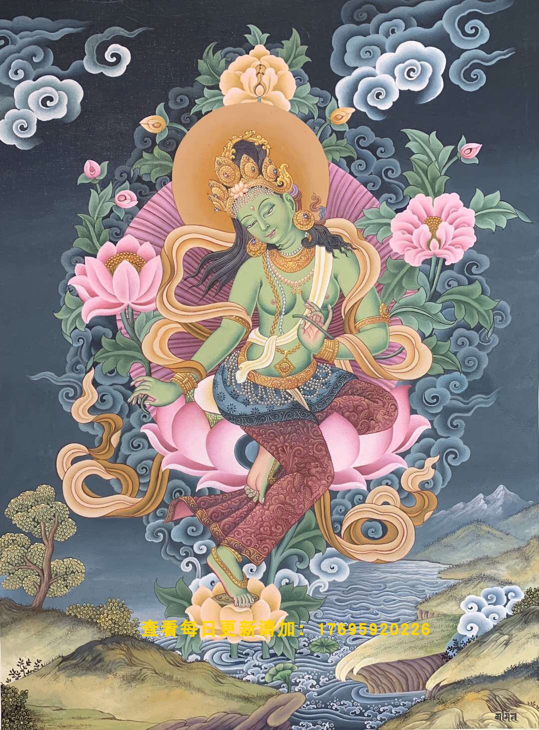 绿度母 纽瓦丽名家收藏纯手绘唐卡矿物颜料藏传佛教佛像挂画50x30