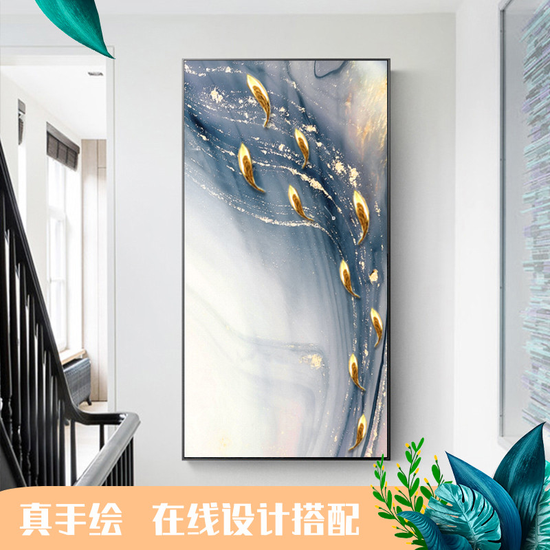 手绘抽象油画艺术实物九鱼图金线装饰画现代客厅玄关餐厅背景挂画