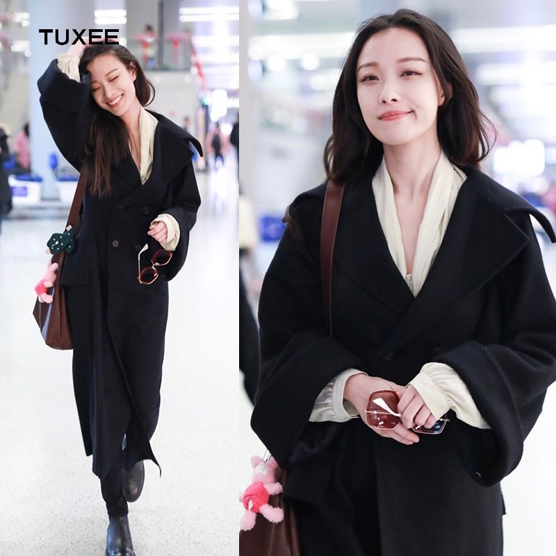 正品tuxee倪妮机场明星同款黑色翻领收腰羊绒中长款大衣呢子外套