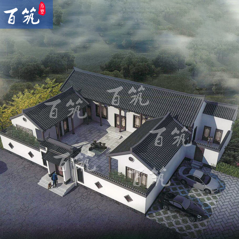 新农村新中式一层四合院别墅乡村房屋自建房设计图纸样图效果图