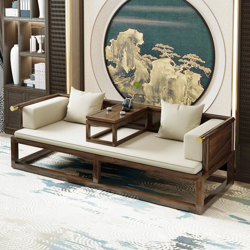 新中式罗汉床现代简约小户型客厅实木沙发床禅意贵妃榻胡桃木家具