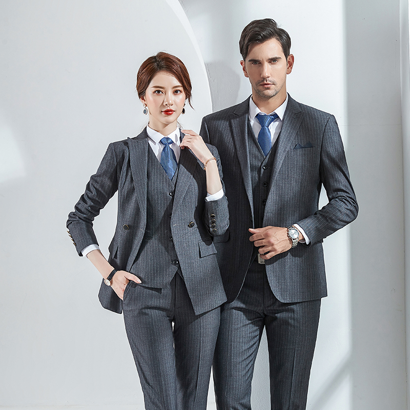 灰色条纹西装职业装正装酒店理工作服房产销售工装西服套装