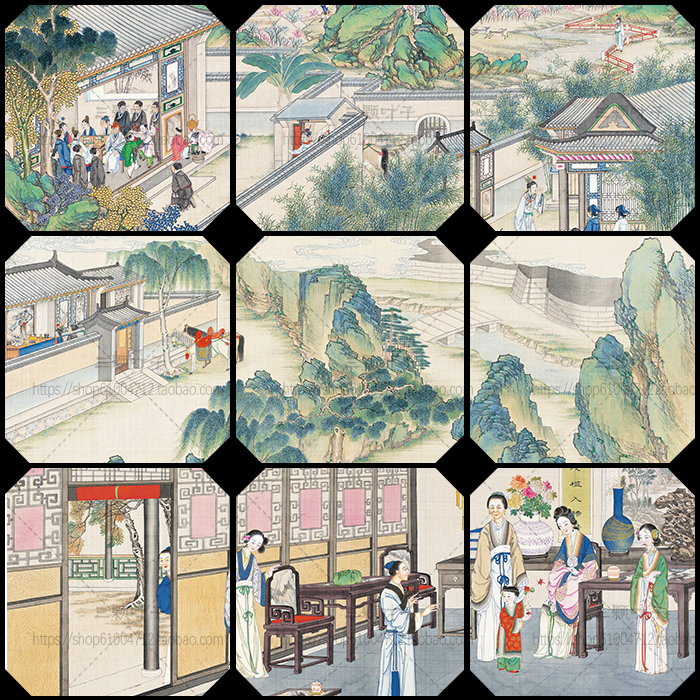 中国风古建筑山水风景 古风人物服饰 工笔国画背景设计素材m346