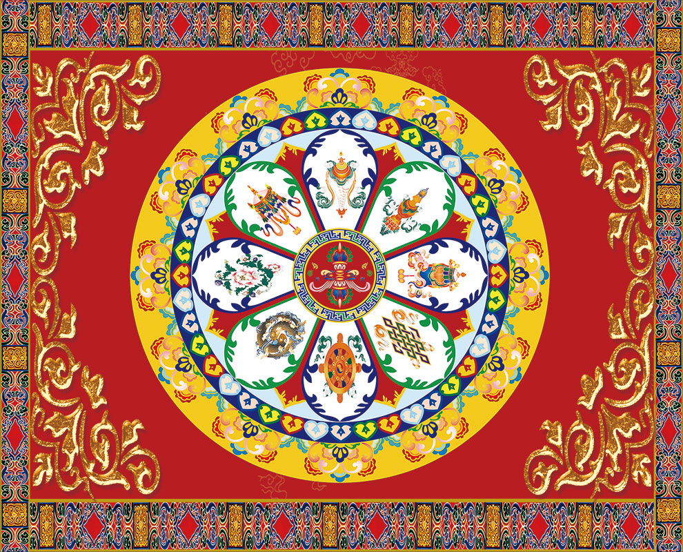 藏式吉祥八宝花纹天花吊顶壁画藏族文化壁纸九龙戏珠背景墙纸定做