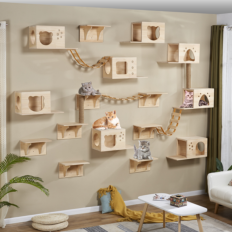 豪华实木猫墙壁挂式猫爬架猫跳台剑麻猫别墅软梯墙壁式猫家具猫树