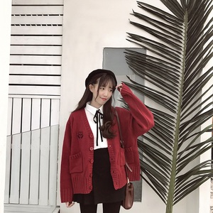 秋装日系刺绣V领宽松针织开衫 bf原宿风学生外套小清新软妹毛衣女毛衣开衫