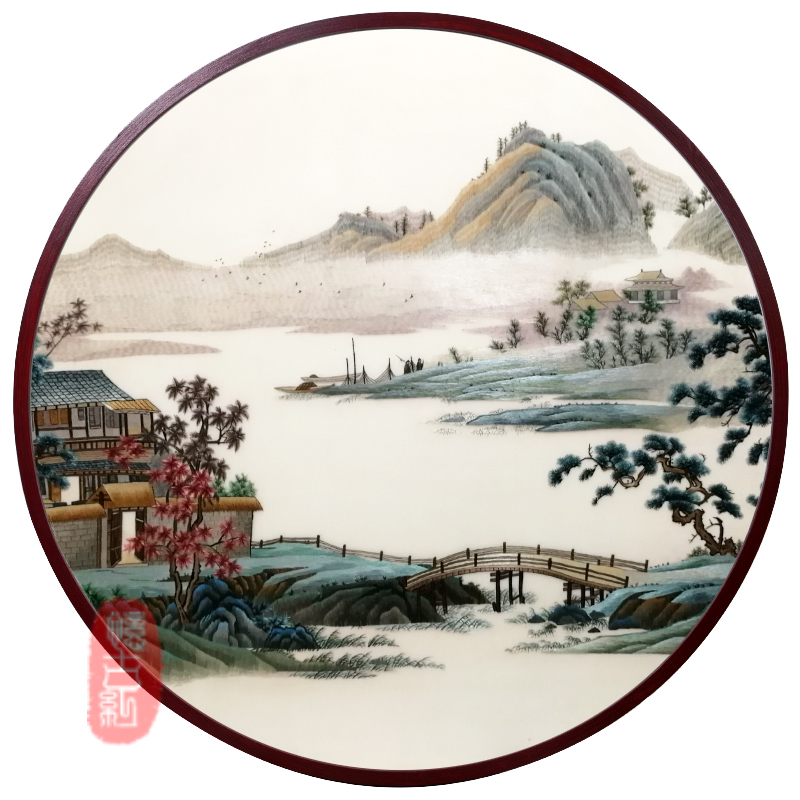 手工苏州刺绣苏绣成品挂画玄关餐厅客厅装饰画 圆框直径80cm 山水