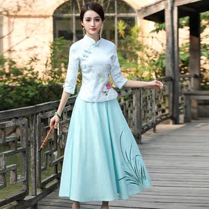 旗袍两件套2017秋季新款修身日常刺绣改良旗袍上衣棉麻裙裤套装女旗袍