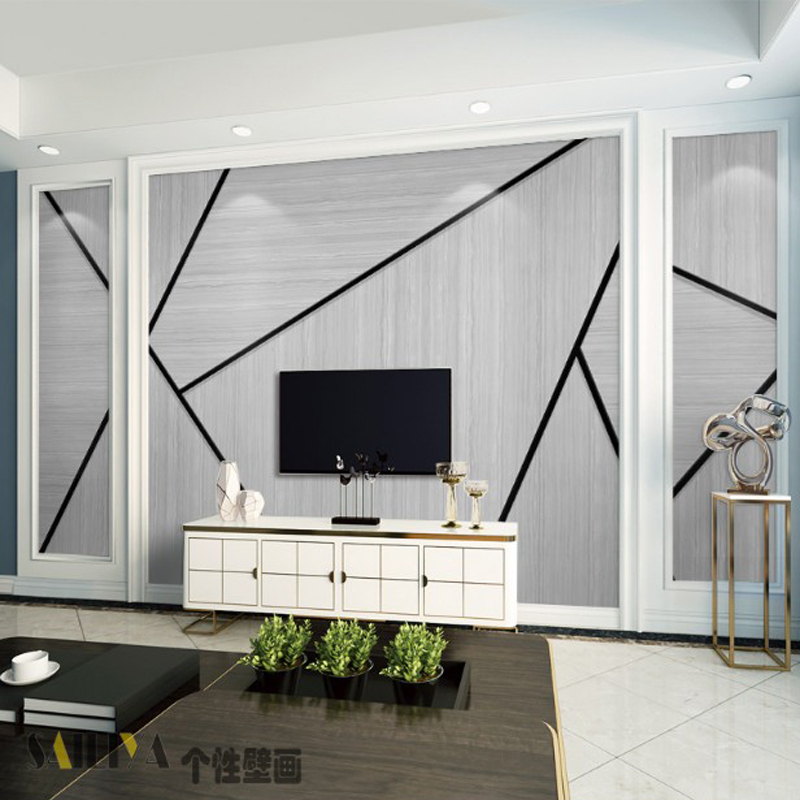 北欧灰色几何电视背景墙壁纸简约线条卧室客厅墙纸8d壁画影视墙布