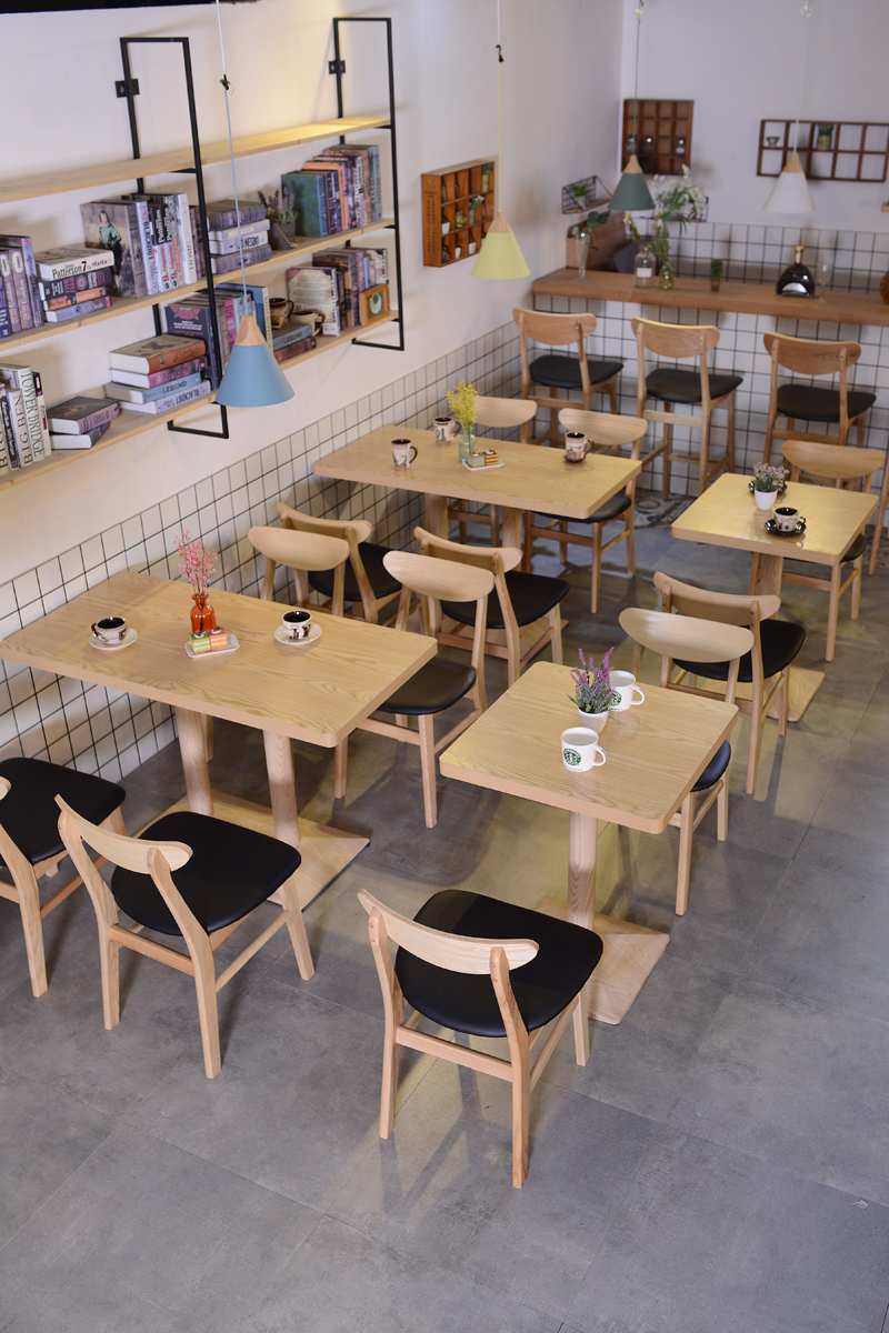 简约实木奶茶店桌椅咖啡厅快餐店汉堡寿司店西餐厅冷饮店桌椅组合