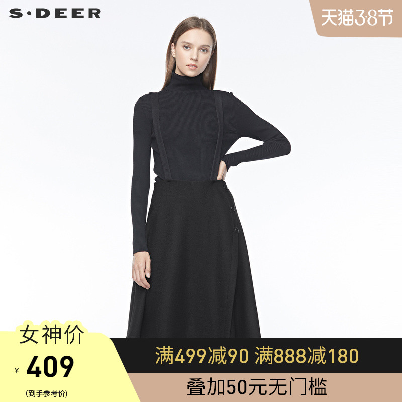 sdeer 圣迪奥 女装休闲简约搭片不规则纯黑毛呢背带裙s19481116