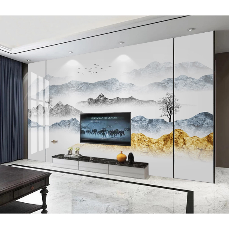 新中式电视背景墙瓷砖轻奢微晶石影视墙客厅现代中式大理石山水画