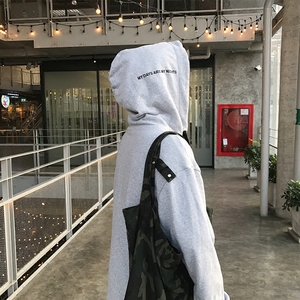 方寸先生新款宽松春假两件叉开卫衣男落肩字母刺绣蝙蝠连帽卫衣外卫衣男
