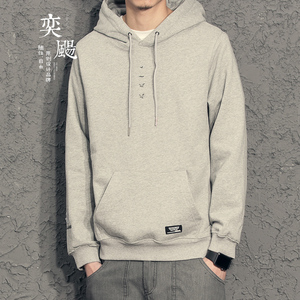 奕飏原创简约灰色连帽卫衣男韩版潮学生休闲外套创意印花套头帽衫卫衣男