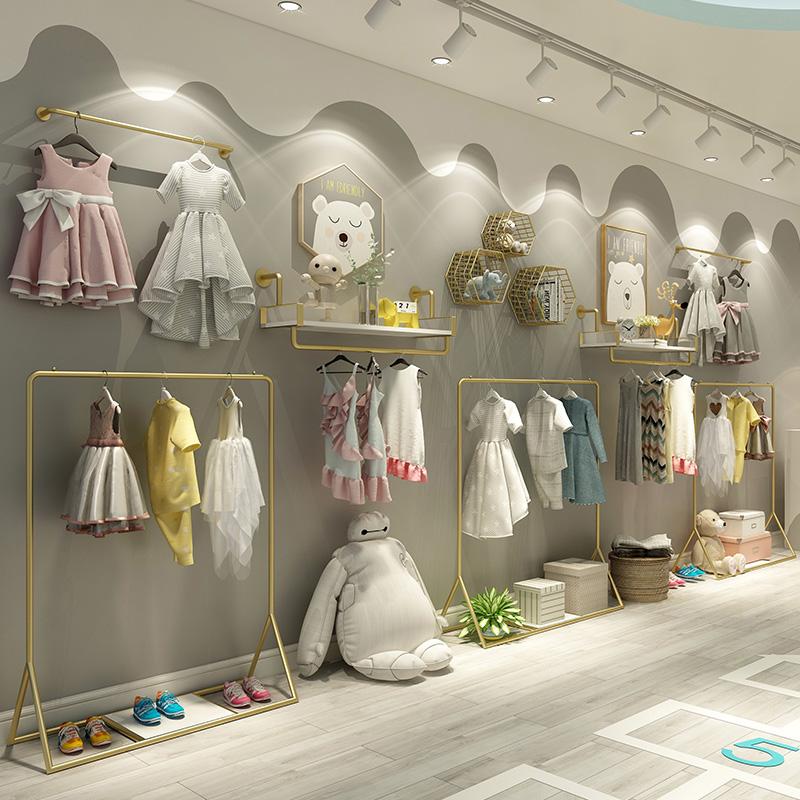 童装店展示架上墙壁挂式儿童服装店装修效果图设计落地式装饰货架