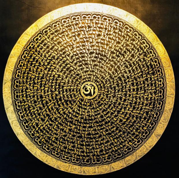 精品《六字真言》黑金坛城 尼泊尔纯手绘 纯手工西藏唐卡挂画镇宅