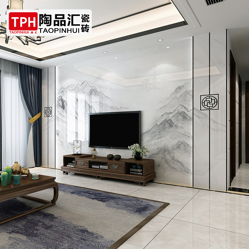 瓷砖背景墙现代简约新中式电视背景墙大理石黑白灰极简边框装饰