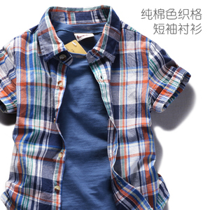 班比纳童装夏季2017新款男童衬衫纯棉中大童儿童短袖格子衬衣上衣儿童衬衫