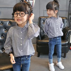 纯棉童装长袖衬衣女童衬衫2017春装新款儿童宽松中小童条纹娃娃衫儿童衬衫