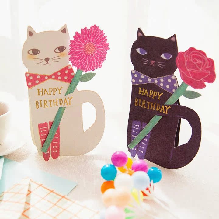 韩版创意猫星人卡通生日贺卡感谢闺蜜手工立体祝福卡片 可立猫咪