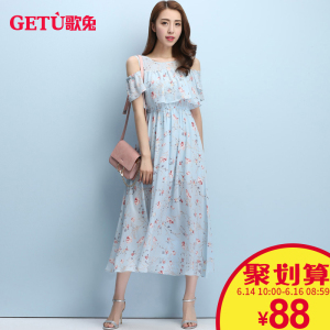 歌兔雪纺连衣裙女夏季2017新款韩版碎花吊带女装露肩小清新长裙女碎花连衣裙