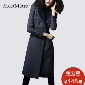 MeetMetro欧美2017秋冬季新款格子毛呢外套女修身中长款呢子大衣毛呢大衣
