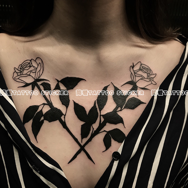 玫瑰花纹身贴防水女持久性感胸前大图暗黑系花朵大花锁骨贴刺青