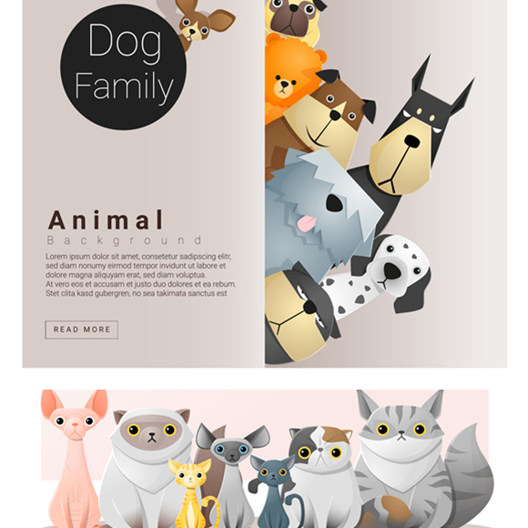 可爱小猫小狗小动物家族卡通插画海报图案eps矢量图手帐设计素材
