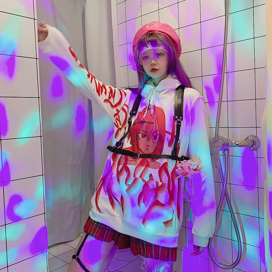 包邮饭粒家原宿风土酷漫画少女火焰印花加绒加厚宽松蹦迪街头卫衣