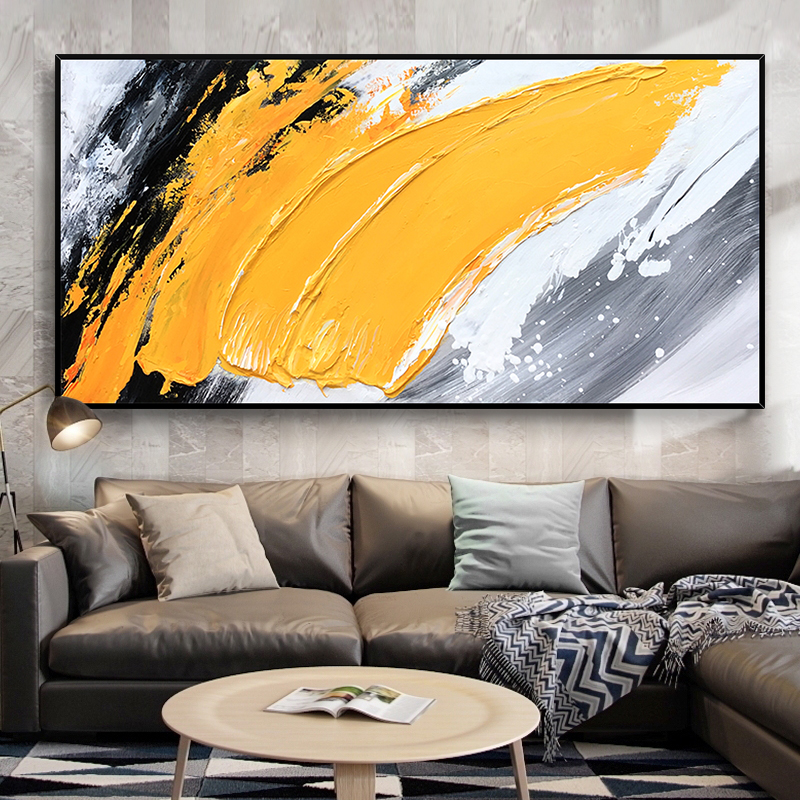 手绘油画 客厅沙发横版装饰画 黄色色块 现代简约抽象肌理挂画