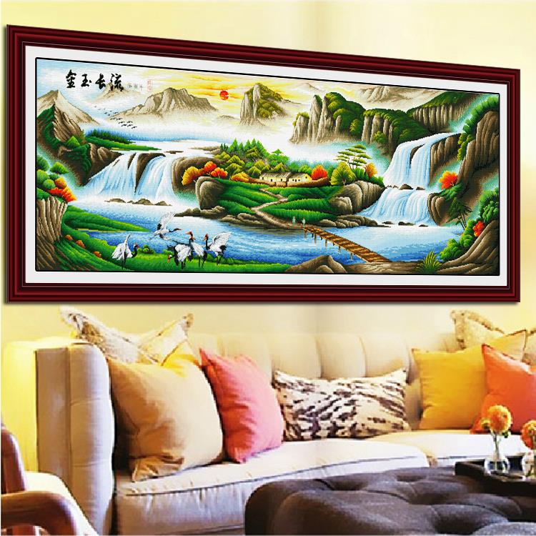 纯手工十字绣成品客厅大厅风景山水画金玉长流 旭日东升 已绣好的