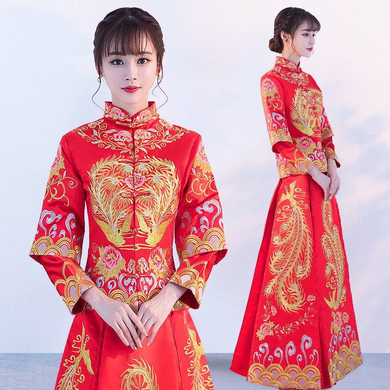 中式婚纱照春秋季中国风刺绣古装旗袍汉服古典龙凤婚礼中老年宽松