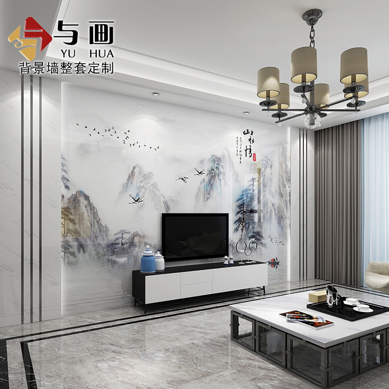 新中式电视背景墙瓷砖微晶石客厅大理石影视墙石材装饰边框山水画
