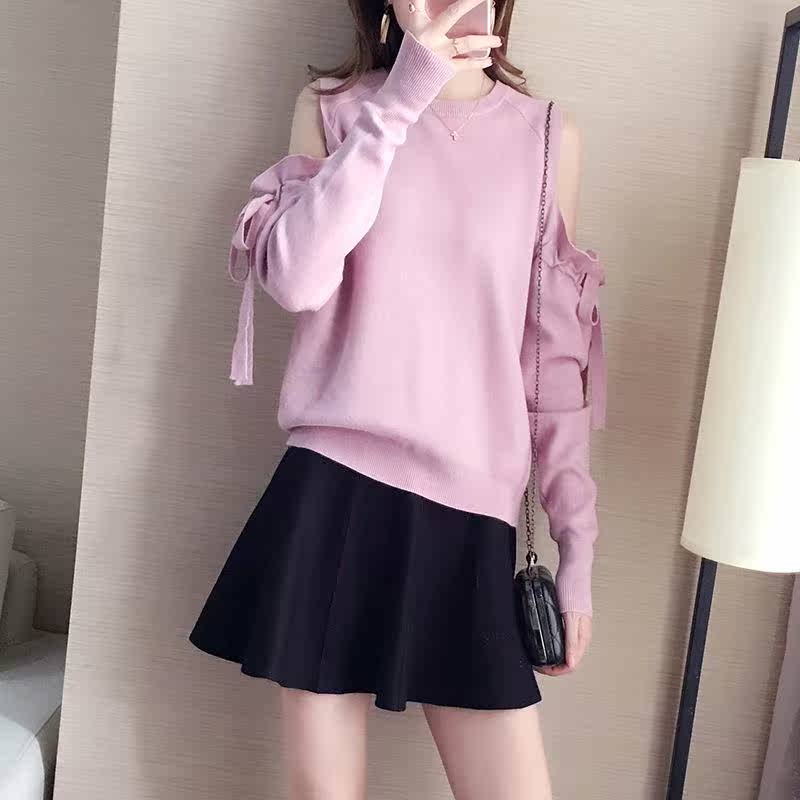 2019秋季女装新款蘑菇街套装针织衫露肩毛衣搭配半身短裙子两件套
