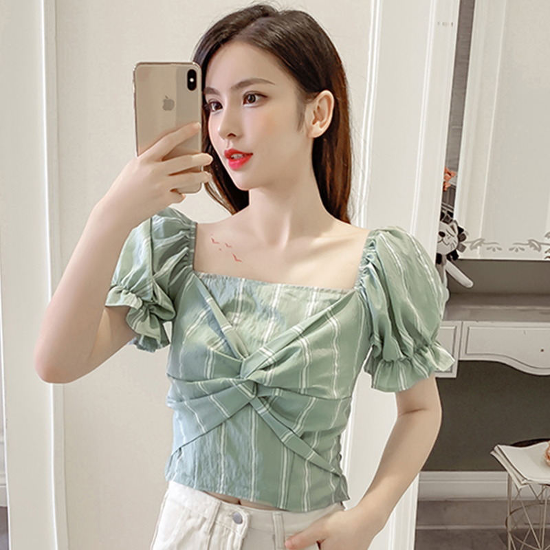 一字肩方领条纹衬衫女夏季韩版后背蝴蝶结绑带露锁骨心机短款上衣